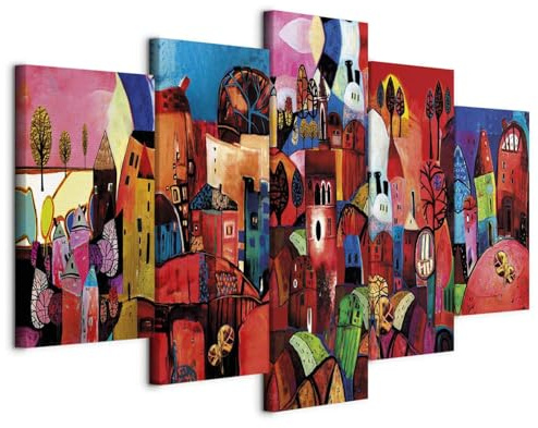 B&D XXL - Wandbilder XXL bunte Stadt 200x100cm 5 tlg - Wand Deko Leinwand Bilder Groß Wanddeko Wohnzimmer Schlafzimmer Kunstdrucke - Abstrakt Gebäude Landschaft 051447