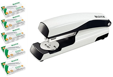 Leitz 5502 Büroheftgerät NeXXt Series, Metall, 30 Blatt, inclusive 5 Päckchen Heftklammen mit je 1.000 Stück (perlweiß metalic, mit Heftklammern)