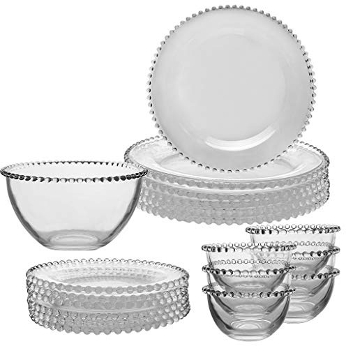 6 Person Glass Bella Perle Crockery Plate & Bowl Set with Salad Bowl | Glass Crockery, Beaded Edge, Bella Perle, Dinner Plate, Side Plate, Dessert Bowl, Salad Bowl, Tableware Set