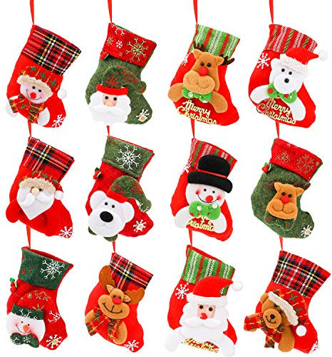 Qpout 12 pcs Mini Christmas Stockings Gift Treat Bags Small Christmas Stockings, Santa Snowman Reindeer Bear Xmas Stockings for Christmas Party Gift Filler Xmas Tree Decorations