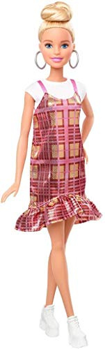 Barbie GHW56 Fashionistas Puppe 142 (blond) mit rosa Kleid in schimmerndem Karomuster