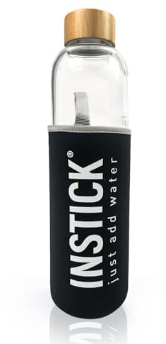 INSTICK Glasflasche 1 L – BPA-freie Trinkflasche mit Skala und Schutzhülle – Auslaufsicher & wiederverwendbar – Für Heiß- und Kaltgetränke – Ideal für Sport, Reisen & Outdoor