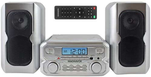 Magnavox MM435M-SL - Sistema compacto de estante de CD de 3 piezas con radio estéreo FM digital, tecnología inalámbrica Bluetooth y control remoto en plata | visualización LCD | Compatible con puerto