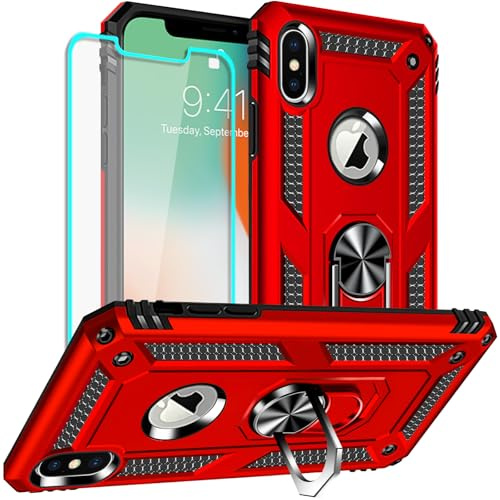 Yiakeng Coque iPhone X, Coque iPhone XS, Verre Trempé D'écran Protecteur, Silicone Antichoc Défense Bumper Armure Housse Etui pour iPhone X et iPhone XS (Rouge)