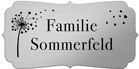 Briefkastenschild mit Gravur - Namensschild selbstklebend (3M) - Türschild personalisiert mit Namen - kratzfest, UV- und witterungsbeständig, Edelstahl Optik, Pusteblume mit Herzen