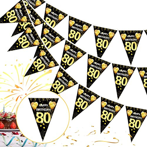 80. Geburtstag Girlande Banner, Schwarz-Gold Wimpel Banner für Frauen und Männer