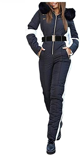 Einteiliger Damen-Skianzug, winddicht, wasserdicht, Winter, warm, Ski-Overall, lässig, abnehmbare Kapuze, Schneeanzug für Schneesport, Schwarz , 36