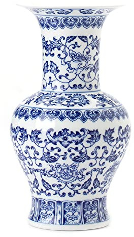 GaLouRo Blaue und weiße Vase, blaue Vase, Chinoiserie-Vase, blaue und weiße Ingwer-Glasvase für Heimdekoration, blaue und weiße Porzellan-Dekoration, 25,4 cm H