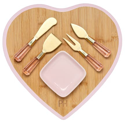 Paris Hilton Charcuterie Board and Serving Set, Bamboo Serving Board, Ceramic Dish, Cheese Utensils with Titanium Coated Blades, 6-Piece Set, Pink