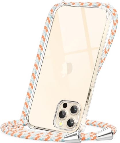 CAROKI for iPhone 13 Pro Clear Crossbody Phone Case with Adjustable Cord Strap TPU Soft Protective Cover Neck Lanyard Shockproof & Hands-Free Carrying-Orange Blue