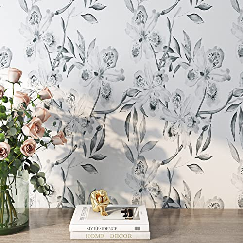 ReWallpaper Tapete Selbstklebend Blumen Schwertlilien 44.5CM×7M Klebefolie Möbel Blätter Grau Weiß Selbstklebende Folie Muster Boho Dekofolie Möbelfolie Vintage Tapete Badezimmer Wasserfest Wand Küche