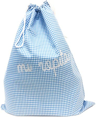 Bolsa reutilizable con estampado vichy color azul celeste. Bolsa de tela lavable para colegio, ideal para recambios de niños. Saco ecológico para zapatos, pañales y prendas.