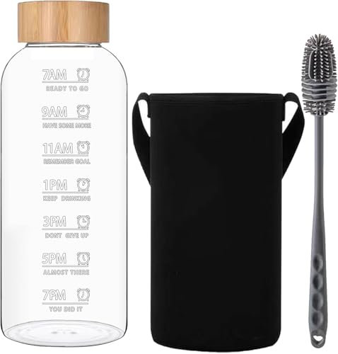 RNCKUUE 2 Liter Glasflasche, 2l Glas Trinkglasche, Wasserflasche Glas mit Neoprenhülle, Bambusdeckel, Flaschenbürste