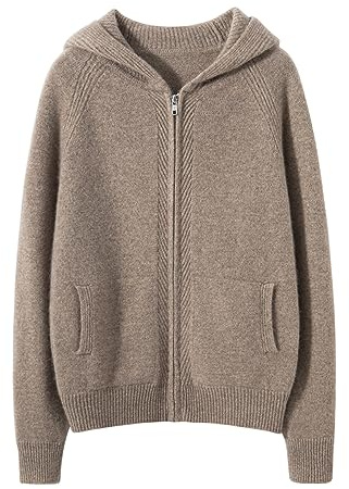 DISSA Gilet Cachemire Femme Capuche Raglan Ample Lisse,Marron,40