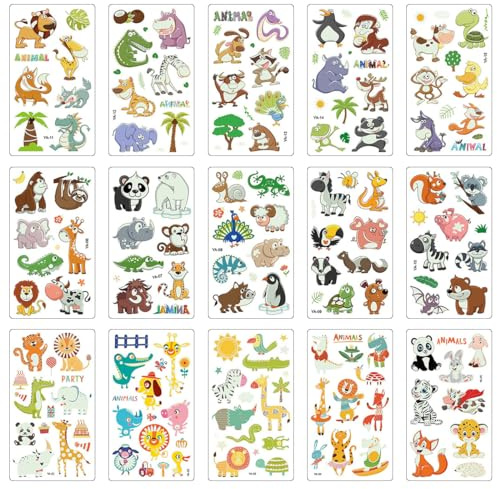 EBHO 15 Fogli Tatuaggi Animali Glow-in-the-Dark per Bambini, Temporanei e Resistenti all'Acqua