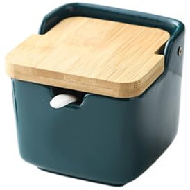 YMYL Azucarero de cerámica con tapa de bambú y cuchara, 283.5 g/300 ml, contenedor de azúcar de diseño moderno, tarro de condimentos para servir té, café, especias, sal