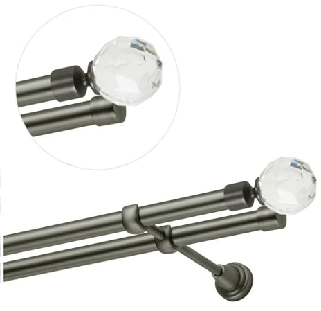 Barra de cortina 200 cm, 2 vías, 19 mm, acero antiguo, con terminales bola de cristal, para montaje en pared
