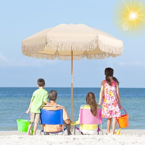Sonnenschirm Strand 6-Fuß-Sonnenschirm mit Fransen, Beige, Strandschirme für Sand, UV-Schutz, großer Außenschirm, neigbarer Terrassentischschirm, wasserdichter Marktschirm, faltbar, 8 Streben, für de