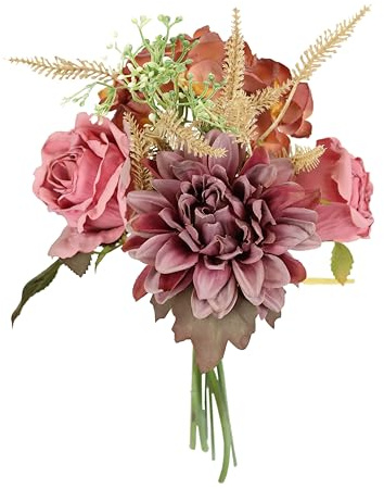 Kunstblumenstrauß Rosen Dahlien 32 cm Blumensträuße Seidenblume Kunstblume Dekoblume Bouquet Hochzeit Haus Herbstdeko Herbstblume unechte Blumen Mittelstück Tischdeko unecht