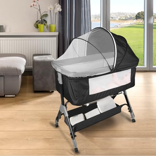 HUOLE 3 in 1 Beistellbett & Babywiege & Reisebett, 4-stufig Höhenverstellbares Babybett, neigbar, Kinderbett, Stubenwagen für Babys bis 25kg belastbar-104 * 52 * 100-110 cm – schwarz