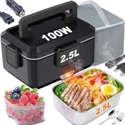 Nifogo Fiambrera eléctrica para adultos, 2,5 L, 80 W, calentador portátil de alimentos 3 en 1, 110 V/12 V/24 V, recipiente extraíble de acero inoxidable y bolsa grande (2,5 l, negro)