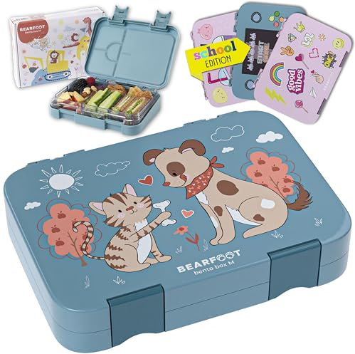 BEARFOOT Brotdose Kinder mit Fächern, BPA frei, Lunchbox, Bento box, Brotbox, Brotdose Mädchen & Jungen, Snackbox mit Trennfächern, Vesperbox für Kindergarten, Schule, groß (Blau - Hund&Katze)