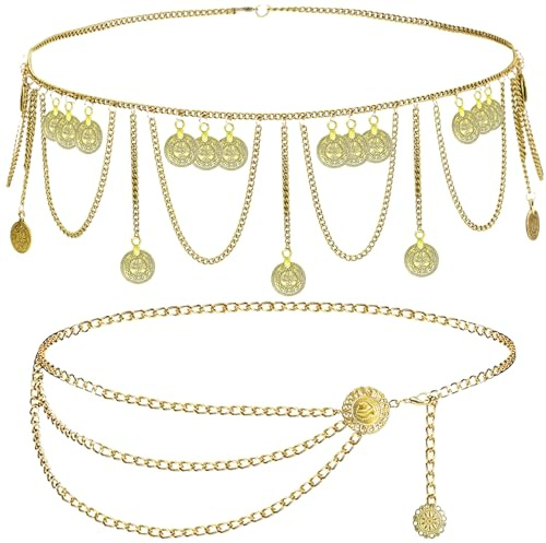 2 Stück Taillenketten für Damen Retro Bauchketten mit Goldmünzen Verstellbare Bauchtanz Metall Bauchkette Gold Körperketten Kettengürtel Bauchschmuck Münzgürtel für Frauen Karneval Tanzparty Gold