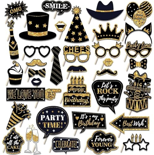QHFlashbuy Foto Requisiten,36 Stück Fotobox Accessoires,Foto Verkleidung mit Sticks und Stickern,Schwarzes Gold Fotoautomat Requisiten,Party Zubehör für Geburtstag,Hochzeit,Weihnachten,Halloween