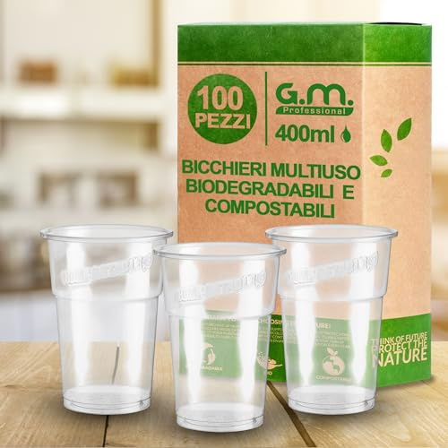 G.M. DISTRIBUZIONE GM 100 Bicchieri Kristal Biodegradabili e Compostabili 400 ml Trasparenti, Rigidi e Resistenti, per Frappè, Granita, Frutta, Cocktail, Drink e Bevande Fredde