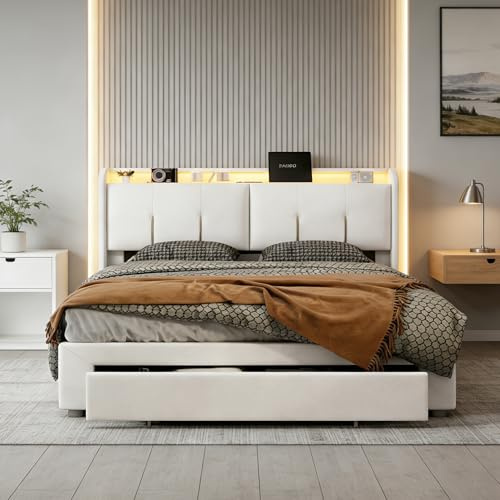 DULRLLY Polsterbett 160x200 mit Hydraulischem Stauraum und Schubladen Doppelbett mit Stauraum Kopfteil Stauraumbett mit LED-Licht & USB-Buchse,Bettgestell Bett mit Lattenrost, Ohne Matratze,Weiß