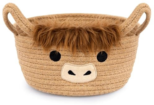 Hochland Kuh Korb aus Baumwollseil,Aufbewahrungskorb aus gewebter Baumwolle,Hochland Kuh Gewebter Aufbewahrungskorb für Spielzeug,Baumwolle Körbe Schateln für Kleinkinderzimmer