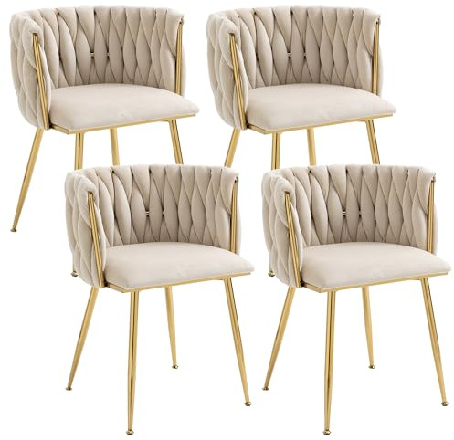 LIFEISLE Esszimerstühle Samt 4er Set, Küchenstühle mit Goldenen Beinen und Armlehne, Polsterstuhl, Sessel mit handgewebten, Schminktisch Stuhl, für Esszimmer, Küchen, Wohnzimmer, Schlafzimmer, Beige