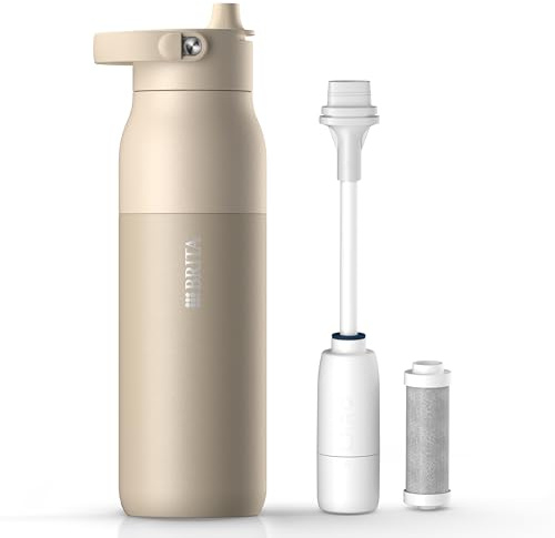 BRITA LARQ Essential Filter Trinkflasche mit Strohhalm beige (1 Liter) | Edelstahl Wasser-Flasche, doppelwandige Isolierung (24h kalt), Aktivkohle Wasserfilter, filtert PFAS, Chlor & mehr