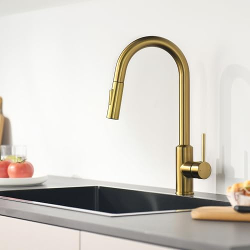 KeeGone Kitchen Tap, Kitchen Mixer tap with Pull-Out Spray Gold | High Arc 360° swivelling Two Modes Pull Down Kitchen Sink Mixer Taps Faucet