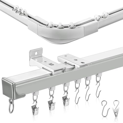 Juexica 3ft-16.4ft / 5 Meter Curtain Track Set with 90° Corner Bend Adjustable Aluminum Ceiling & Wall Mount Curtain Rail, L-shaped Divider Track for Living Room Bedroom with Roller Clips Hooks(White)
