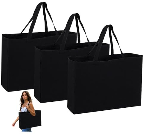 Coztie Lot de 2 grands sacs en coton, 45 x 35 cm, sacs en toile de jute, sacs en tissu non imprimés, pour le linge, le sport, le shopping, réutilisables, Noir , 45 x 35 x 8 cm