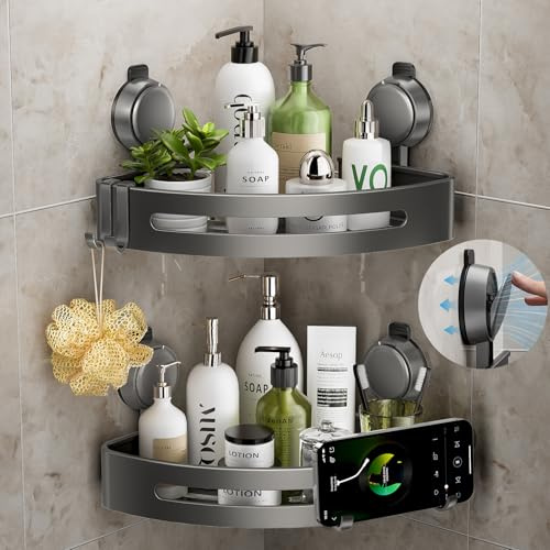 ONXE Shower Caddy Corner,Suction Cup Shower Caddy with Hooks,No Drilling Rustproof Aluminum Bathroom Organizers and Storage,Shelves for Bathroom Accessories Decor (2 Pack)