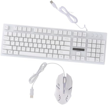 Kit Clavier et Souris de Jeu USB Filaire, Blanc, 104 Touches | Lumineux, Anti-conflit, Plastique, 1 Ensemble, pour Maison et Café