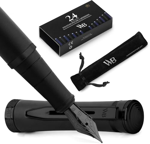 Wordsworth & Black Set Penna Stilografica, Pennino Extra Fine, Argento | Regalo per Uomo e Donna, Corpo in Ottone, 18K, Calligrafia, Convertitore + 24 Cartucce, Ricaricabile, Antiperdita