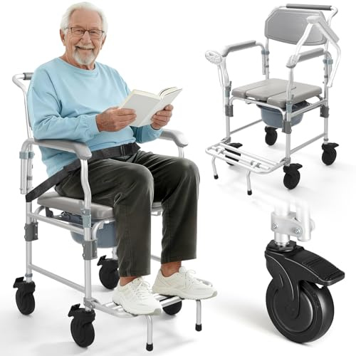 Hybodies Shower Chair with Wheels, Bedside Commode Wheelchair with Flip-up Armrest, 330lbs Heavy Duty Rolling Bath Chair for Handicap, Elderly & Injured, 5 Enlarged Casters & Safety Straps