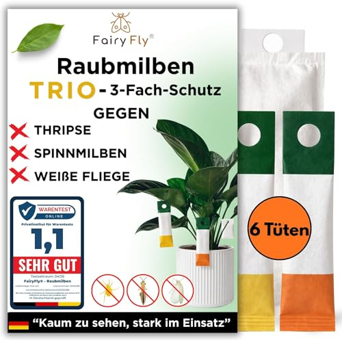 Fairyfly® Raubmilben-TRIO gegen Thripse, Spinnmilben & Weiße Fliege – 6 Tüten Nützlinge für Zimmerpflanzen & Pflanzen – biologische Schädlingsbekämpfung (Cucumeris, Californicus, Swirskii)