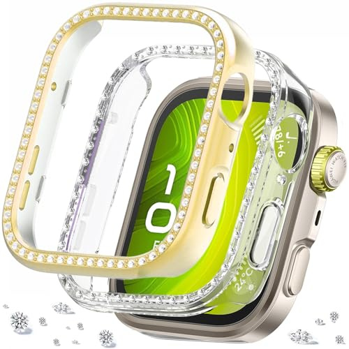 DEALELE [2-pack] klockfodral kompatibelt med Huawei Watch FIT 4 Pro, glitter strass diamant PC skyddande hölje hölje ersättning klockor skyddskåpa tillbehör för män kvinnor (guld + transparent)