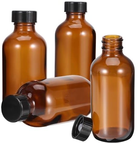 OSOLADY Botellas de Vidrio Marrón Boston Redondas 120 Ml con Tapa de Baquelita Negra Pack de 4 Unidades Rellenable para Aceites Esenciales y Almacenamiento Seguro