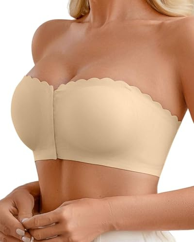 Joligiao Reggiseno Senza Spalline Donna Senza Ferretto Reggiseni Invisibile Bra Push Up Fascia Senza Cuciture Chiusura Frontale Bandeau Bra Comodo Morbido Non Imbottito Brassiere Tops(Beige,S)