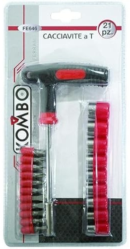 KOMBO Cacciavite a T 5×125 mm con Set 21 Pezzi – Giravite con 9 Bussole 1/4” e 11 Punte Bits Assortite – Croce, Spaccata, Torx ed Esagonali
