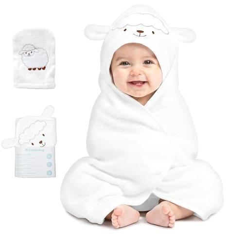 Cuddlebug Accappatoio Neonato con Cappuccio e Lavetta - 100% Spugna di Cotone per Neonati e Bambini - Asciugamano Neonato Super Morbido e Assorbente - Essenziali Bagnetto (85x85cm) - Agnello