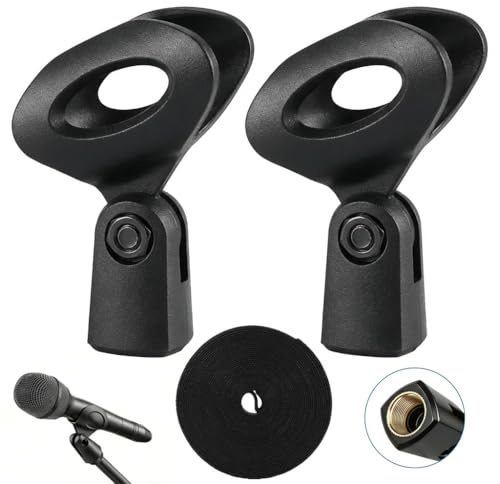2 Pack Adjustable Microphone Clip Universal Microphone Holder | Mic Stand Set with 5/8 to 3/8 Metal Screw Adapters and Cable Straps Mic Copper Holder Mic Clamp for Microphones