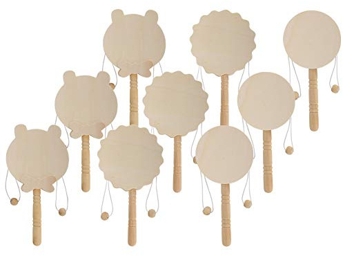 Alomejor Holz-Cartoon-Rasseltrommel-Set für DIY-Malerei, Babyspielzeug-Set für die Frühe Bildung, Unfertiges Holzhandwerk für, Umweltfreundliches Material, 9 Rasseltrommeln für Künstlerische