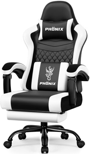 minnouat Gaming Stuhl, ergonomischer Gaming Sessel mit Fußstütze, Gamer Stuhl mit Lendenkissen & Kopfstütze, Gaming Chair mit neigbarer Rückenlehne, Bürostuhl & Gamingstuhl,150 kg, Weiß