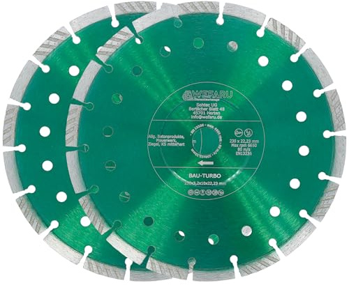 WEFARU Diamanttrennscheiben 230 mm BAU-TURBO 2er Set – Trennscheibe Beton Mauerwerk Pflaster – Turbo Segment Winkelschleifer 22,23 mm